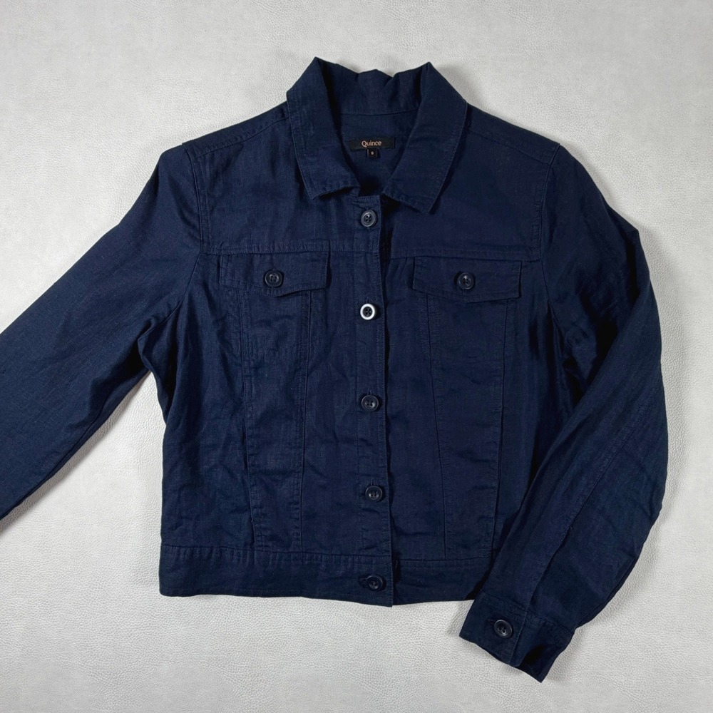 Quince Womens Navy Blue 100% European Linen Trucker Jacket Size Small